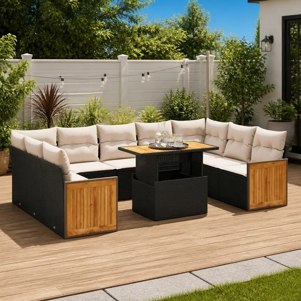 Garden Sofa Set 10 Piece Outdoor Furniture Patio Sectional Black Poly Rattan