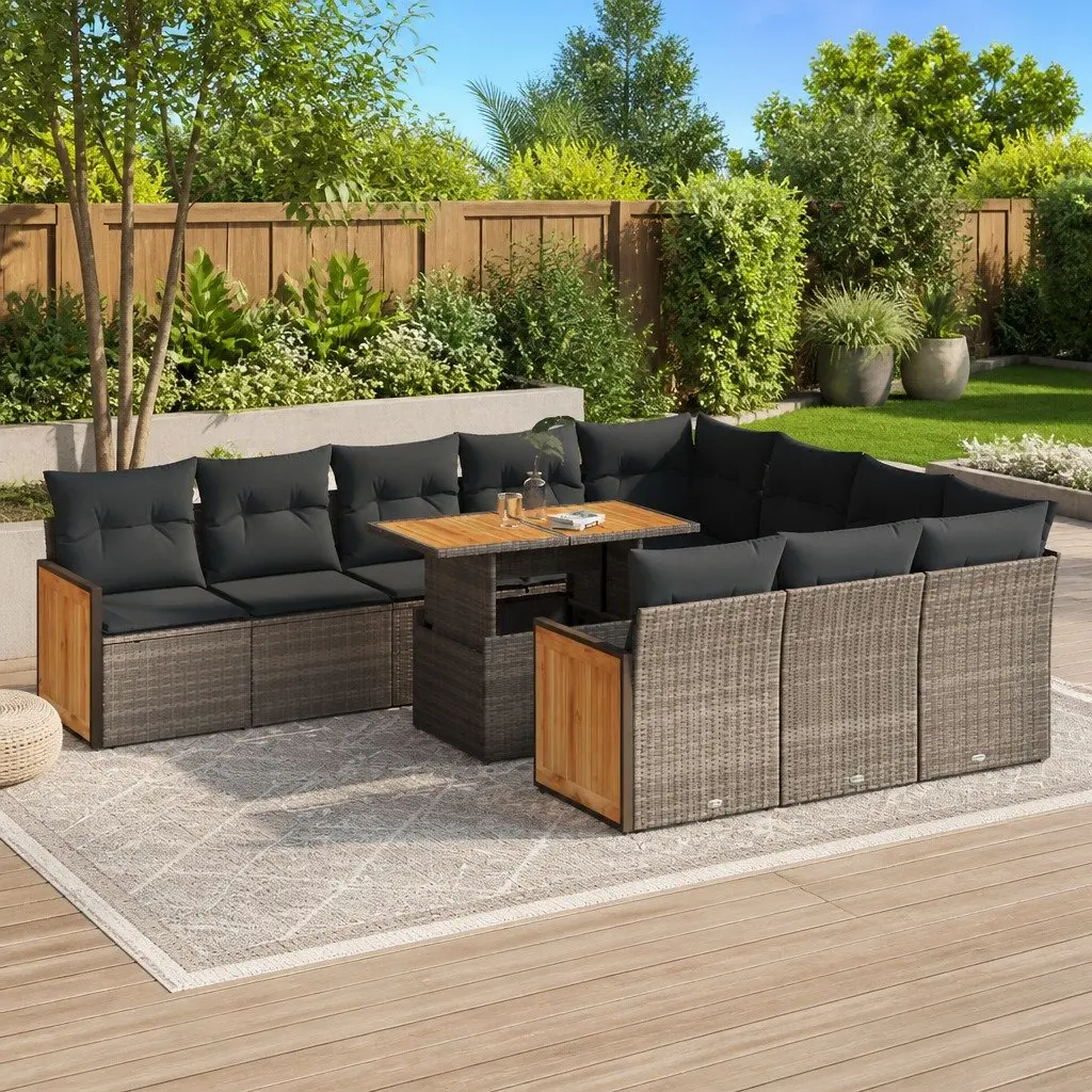 11 Piece Garden Sofa Set Grey Poly Rattan Outdoor Furniture with Cushions