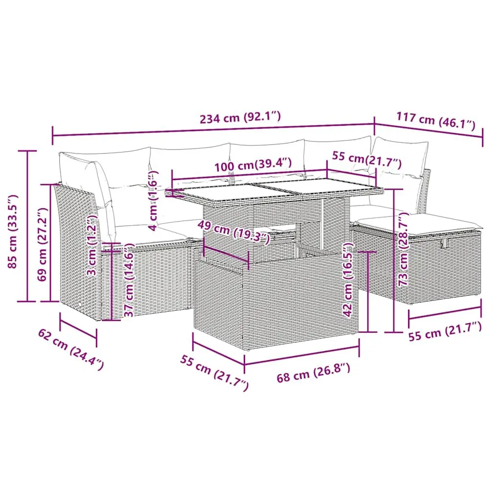 Garden Sofa Set 6 Piece Outdoor Furniture Modular Black PE Rattan