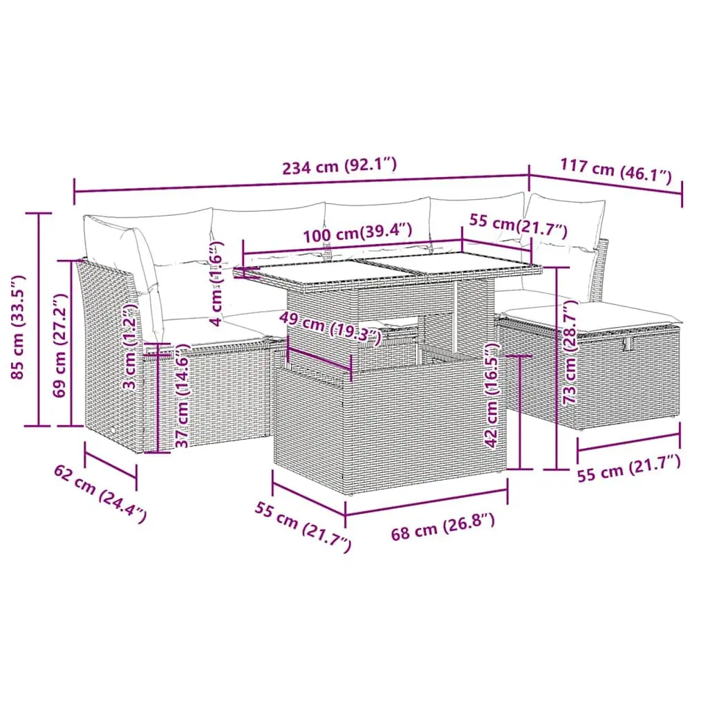 Garden Sofa Set Outdoor Furniture 6 Piece Modular Grey Poly Rattan