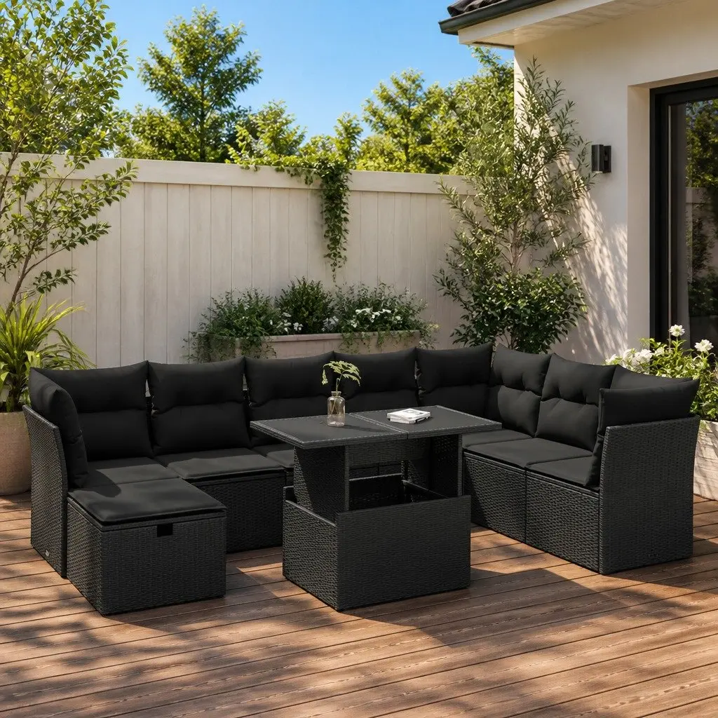 Garden Sofa Set 9 Piece Outdoor Furniture Modular Black Poly Rattan
