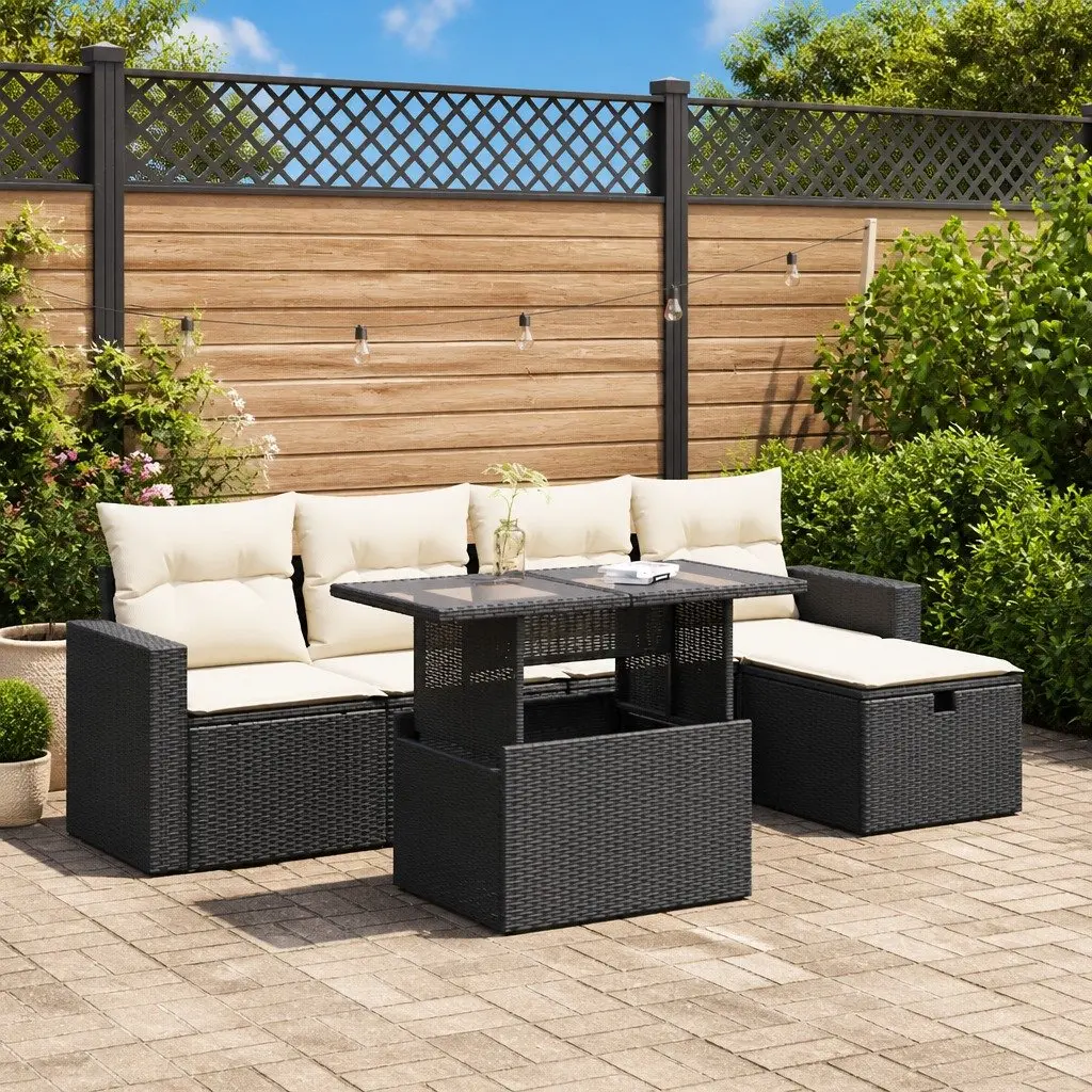 Garden Sofa Set Outdoor Furniture 6 Piece Modular Black Poly Rattan with Storage