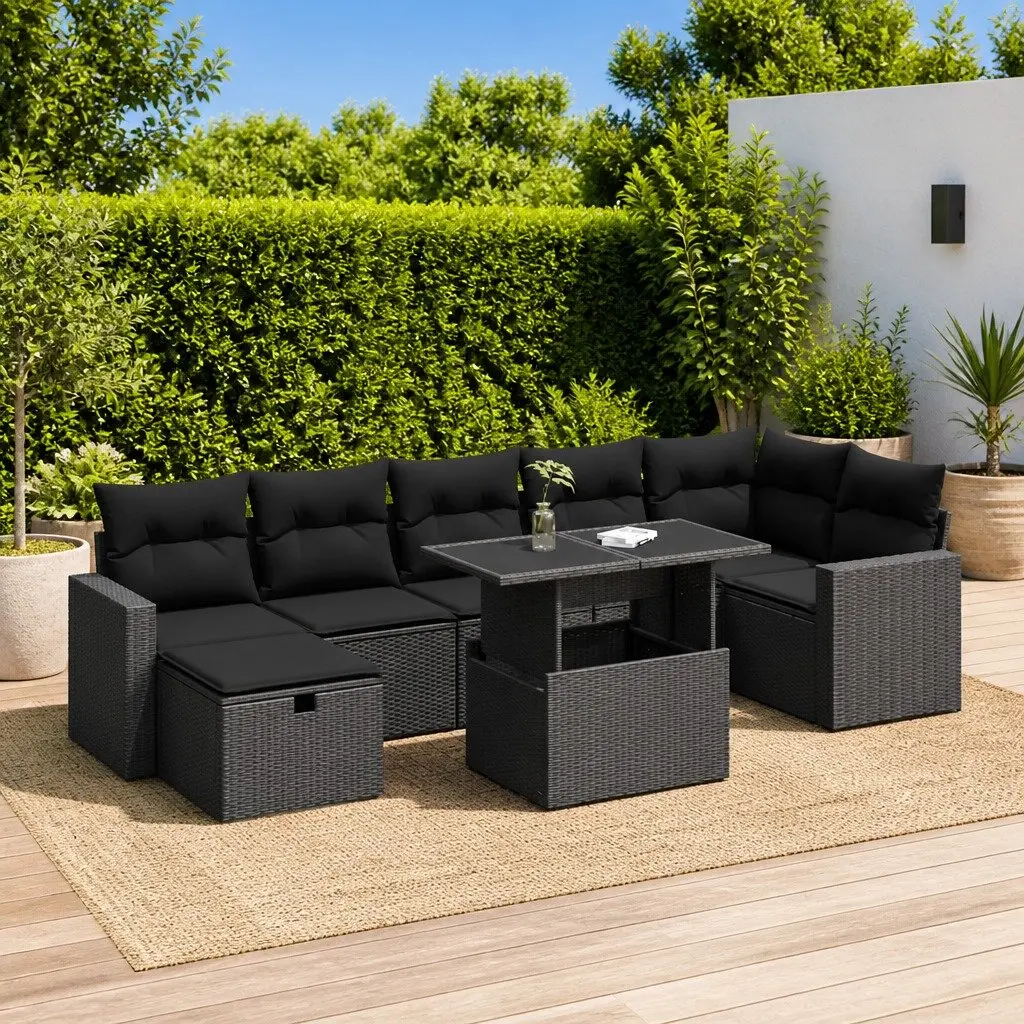 8 Piece Outdoor Garden Sofa Set Storage Black Poly Rattan