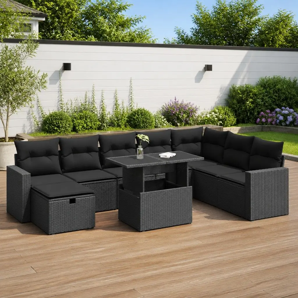 Garden Sofa Set 9 Piece Outdoor Furniture Black Poly Rattan Patio Lounge