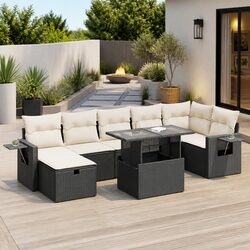8-Piece Black Poly Rattan Sofa Set with Convenient Features