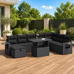 Comfortable 9 Piece Black Garden Sofa Set with Storage