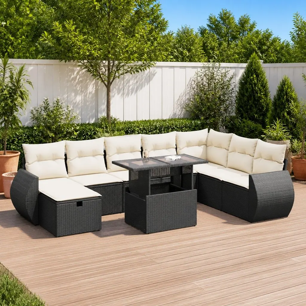 Garden Sofa Set 9 Piece Outdoor Furniture Modular Black Poly Rattan Patio Lounge