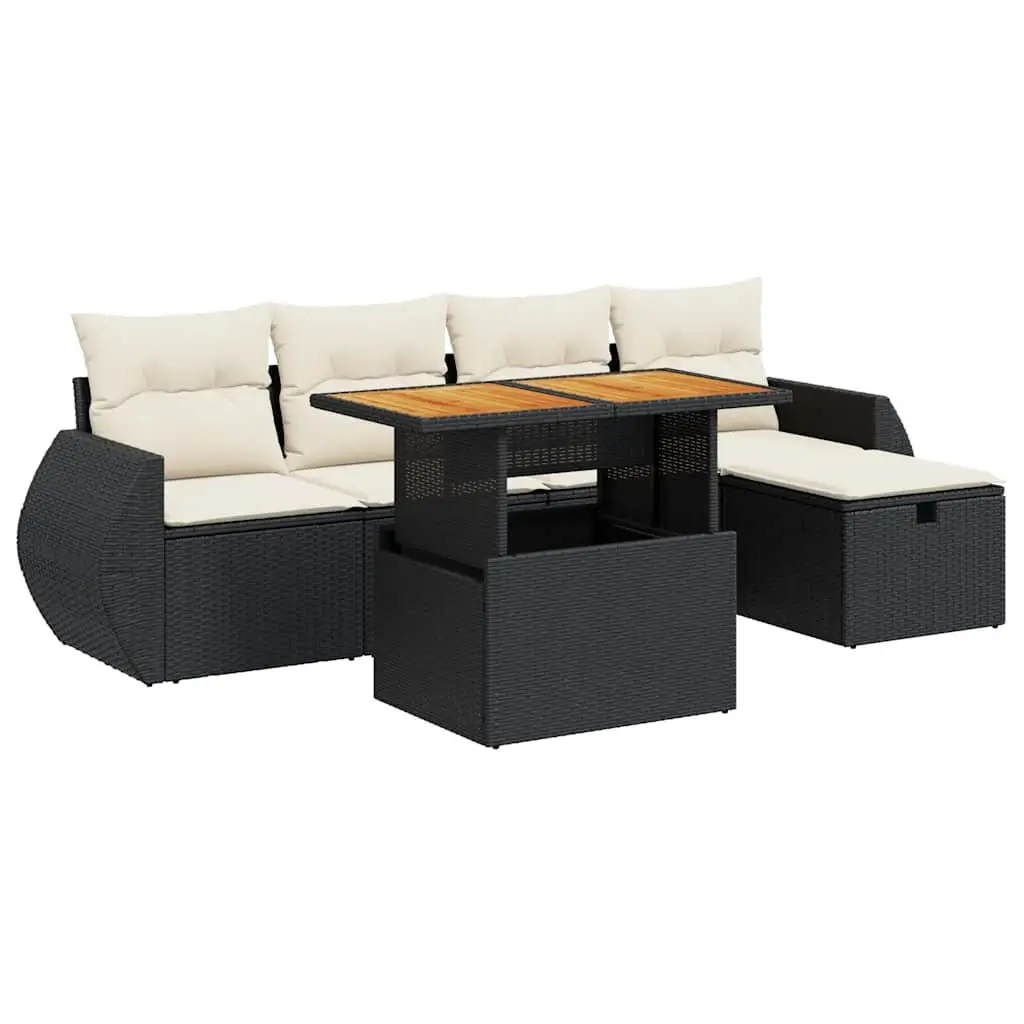 Garden Sofa Set 6 Piece Outdoor Furniture Black Poly Rattan with Cushions