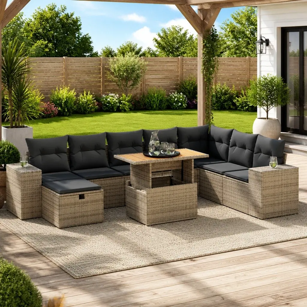 Garden Sofa Set 9 Piece Outdoor Furniture Cushions Grey Poly Rattan
