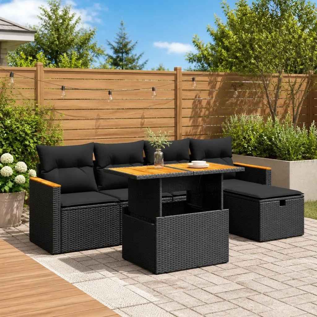 Outdoor Furniture Sofa Set 6 Piece Black Poly Rattan Cushions