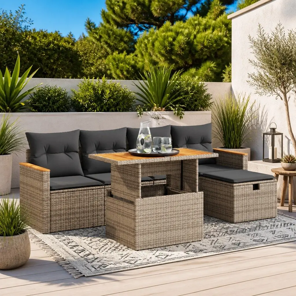 Garden Sofa Set 6 Piece Outdoor Furniture Grey Poly Rattan with Cushions