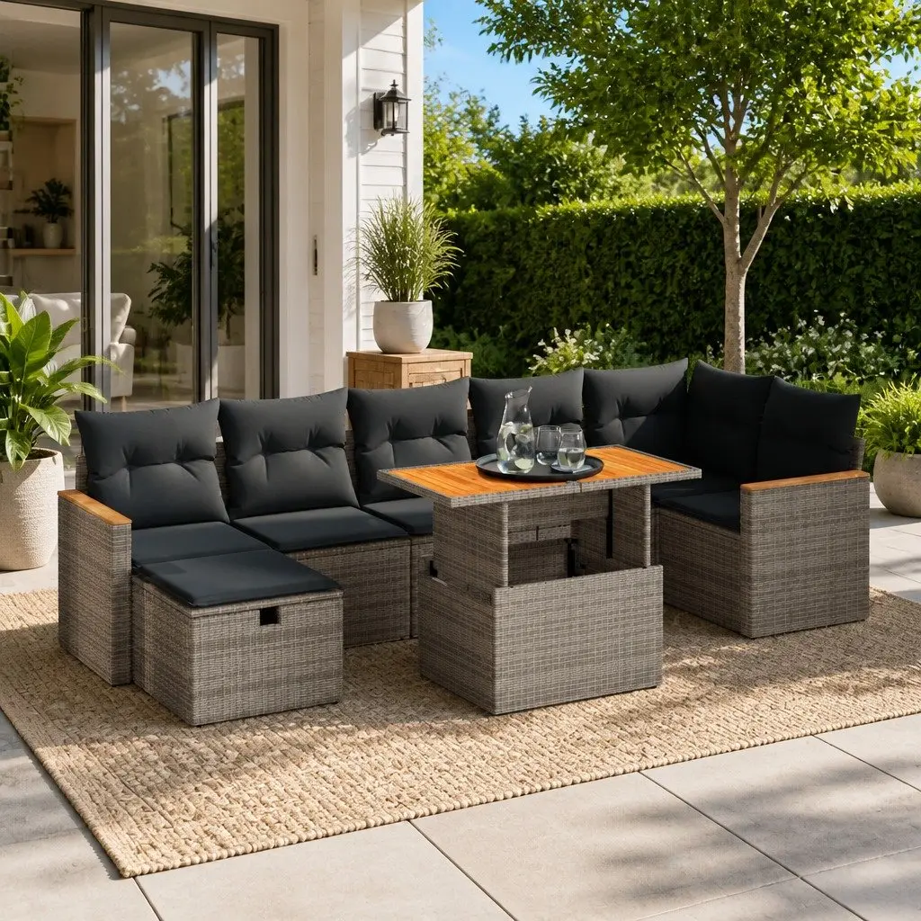 Garden Sofa Set 5 Piece Outdoor Furniture Grey Poly Rattan with Storage Cushions