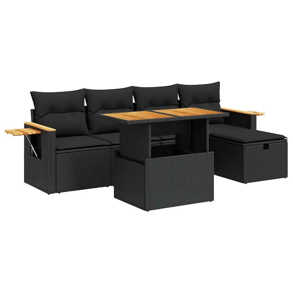 Outdoor Garden Sofa Set Black PE Rattan with Cushions 6 Piece Adjustable Table