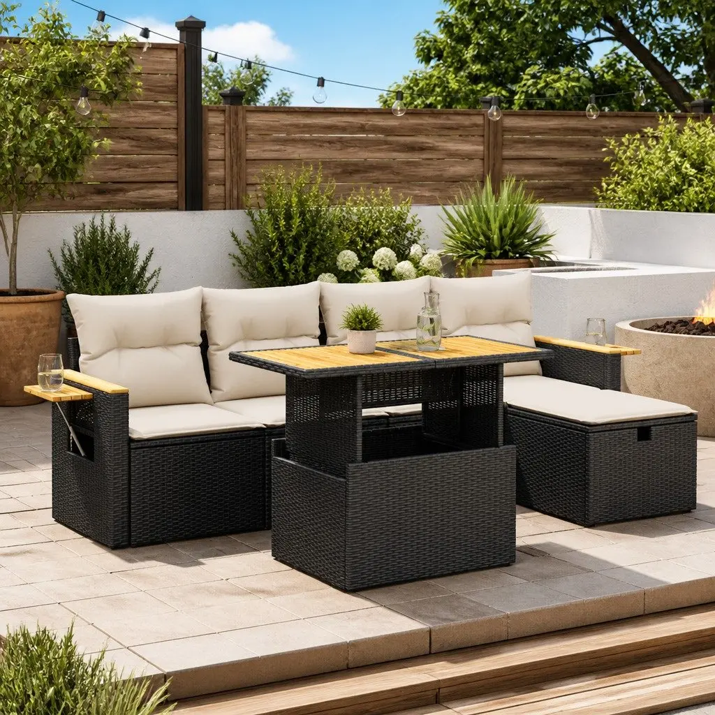 6 Piece Black Patio Lounge Set Outdoor Sofa Furniture Poly Rattan for Garden and Terrace with Adjustable Table and Removable Cushion Covers