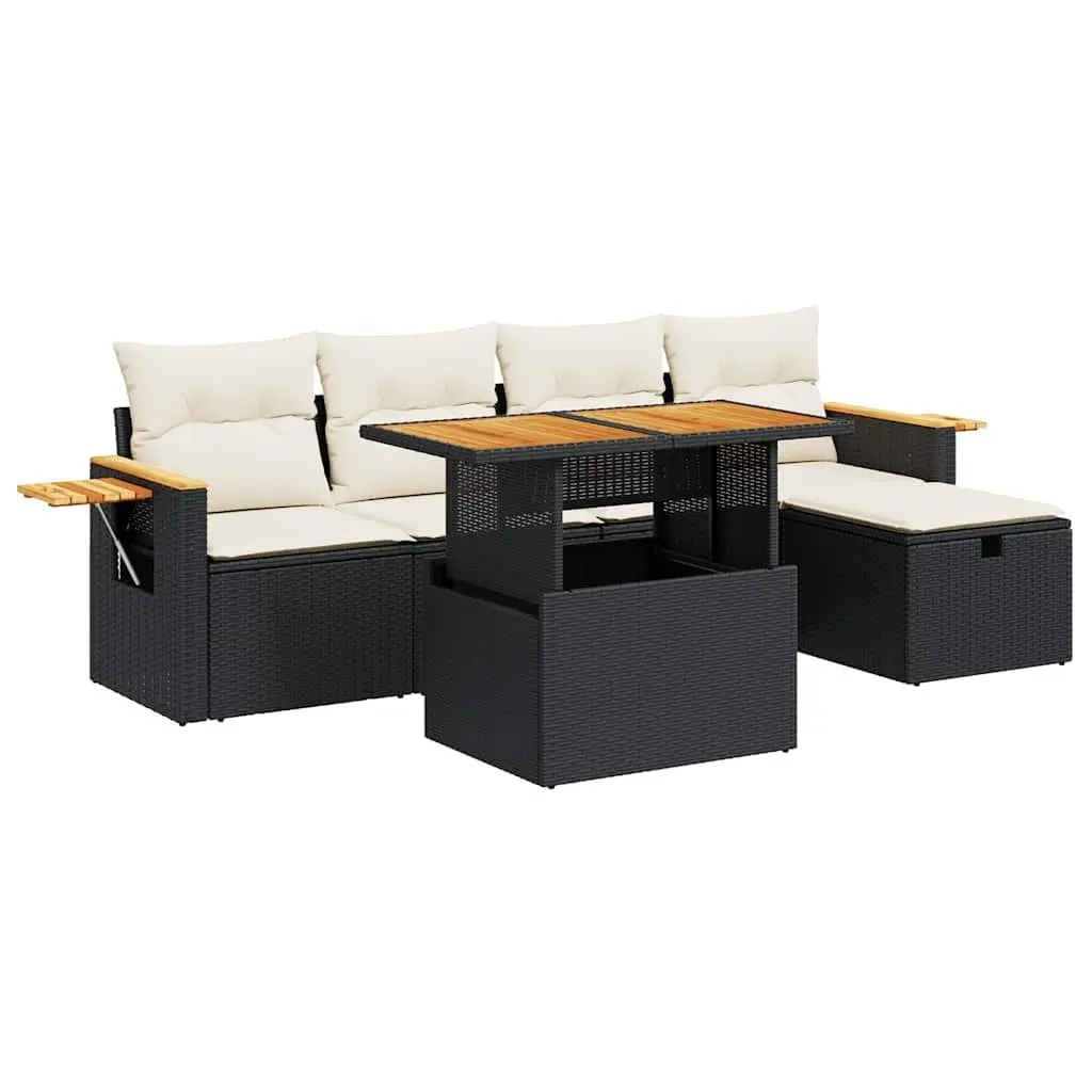 6 Piece Black Patio Lounge Set Outdoor Sofa Furniture Poly Rattan for Garden and Terrace with Adjustable Table and Removable Cushion Covers