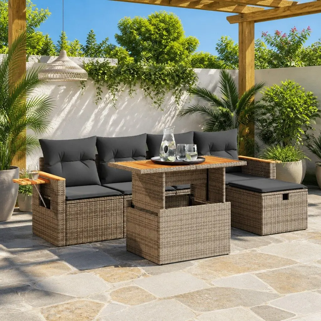 Garden Sofa Set 6 Piece Outdoor Furniture Grey Poly Rattan Patio Sectional