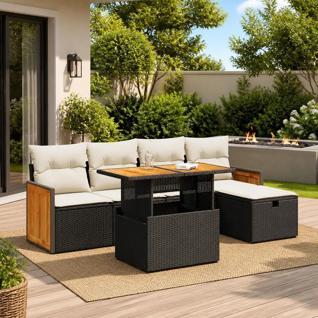 Garden Sofa Set Outdoor Furniture 6 Piece Black Poly Rattan with Storage