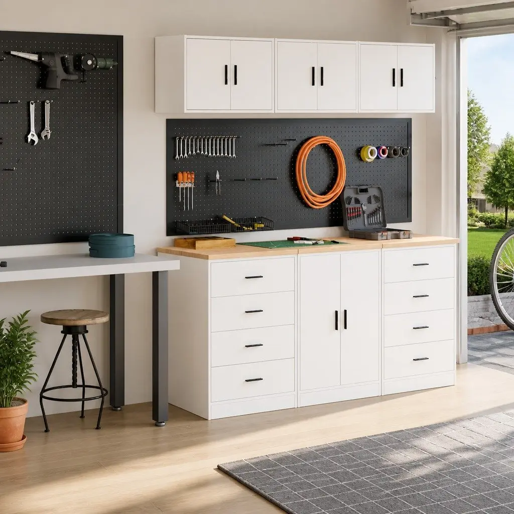 Garage Storage Cabinets 2pc White Engineered Wood Tool Organiser