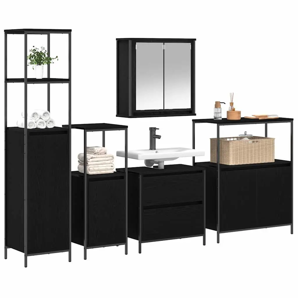 Bathroom Furniture Set 5 Pieces Black Wall Cabinet Shelf Storage Vanity Unit