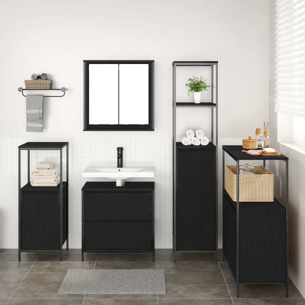 Bathroom Furniture Set 5 Pieces Black Wall Cabinet Shelf Storage Vanity Unit