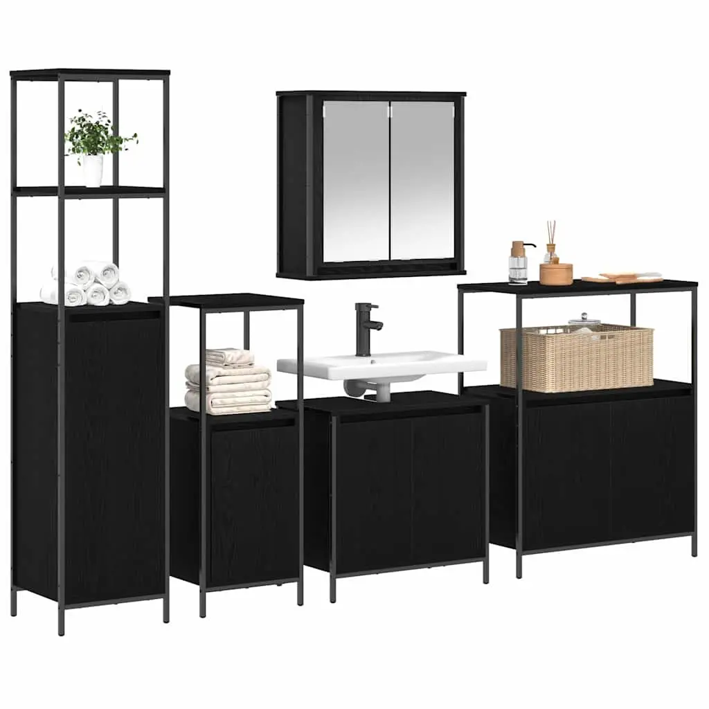 Bathroom Furniture Set Vanity Storage Cabinet Mirror 5 Piece Black Oak