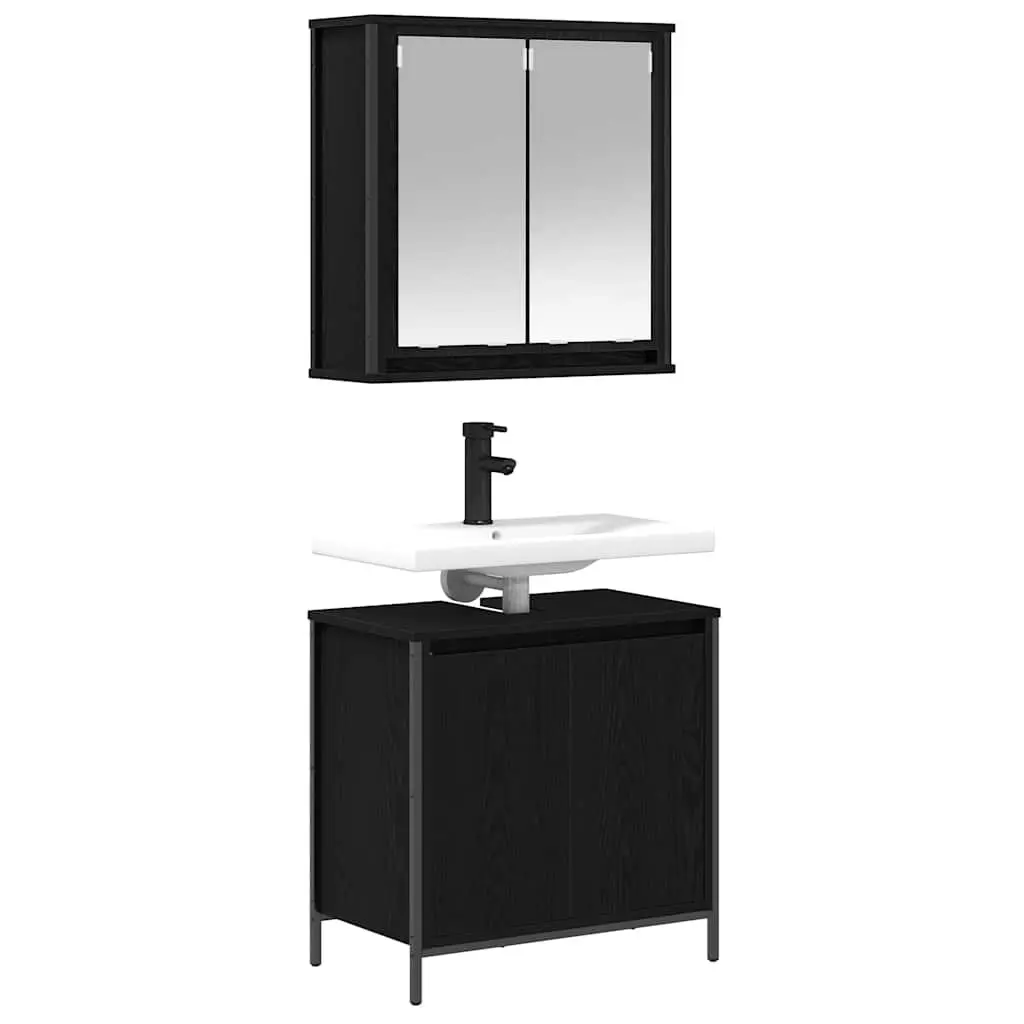Bathroom Vanity Unit Storage Cabinet 2 Piece Black Engineered Wood