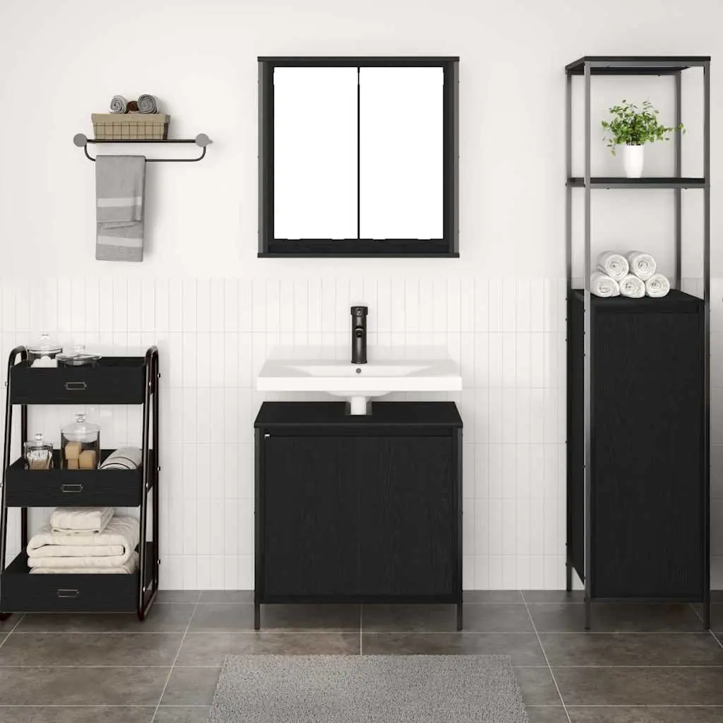 Bathroom Vanity Unit Storage Cabinet 2 Piece Black Engineered Wood