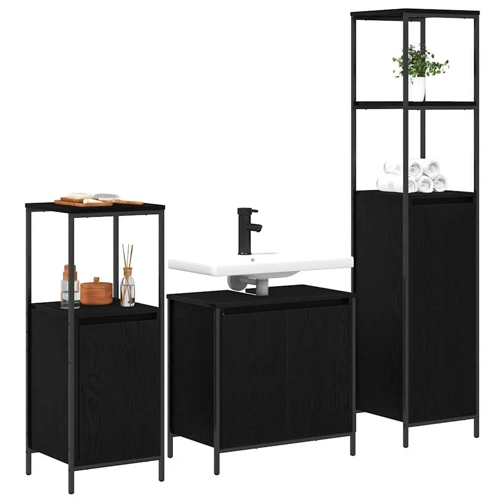 Bathroom Furniture Set Storage Unit Vanity Cabinet with Mirror 3pcs Black Oak