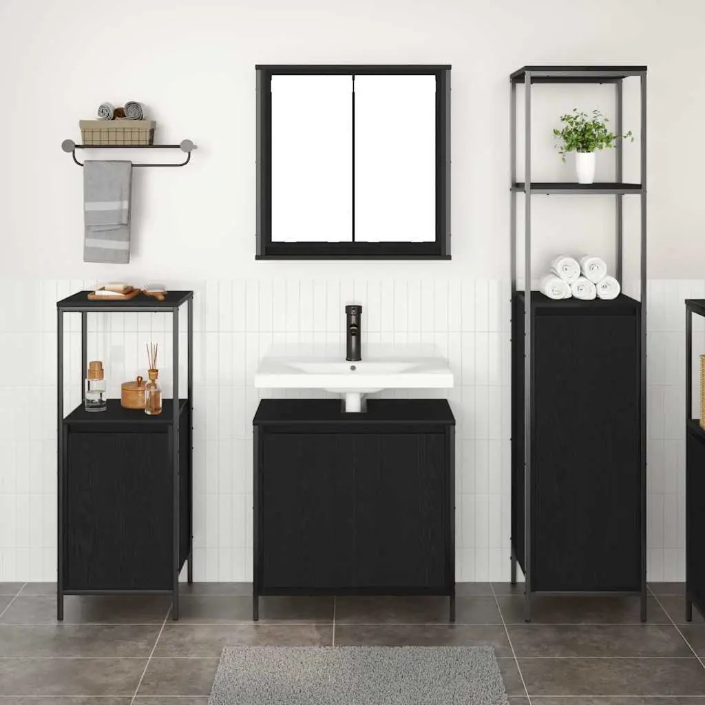 Bathroom Furniture Set Storage Unit Vanity Cabinet with Mirror 3pcs Black Oak