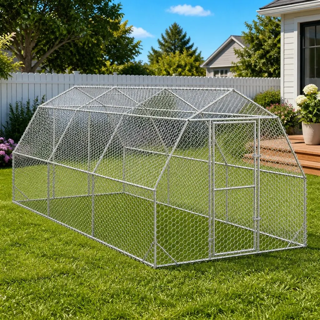 Chicken Run Walk-In Coop Outdoor Enclosure 2.5x6x2.25m Silver Galvanised Steel Mesh