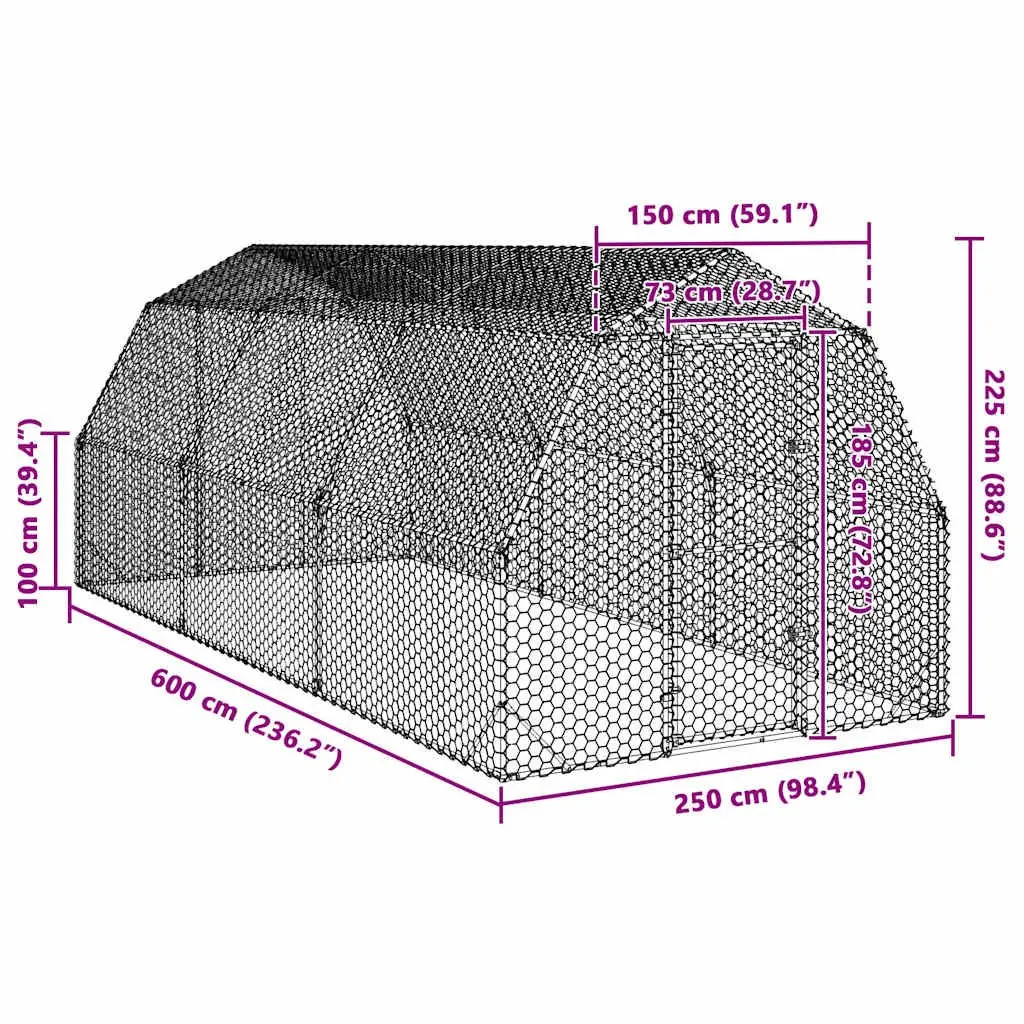 Chicken Run Walk-In Coop Outdoor Enclosure 2.5x6x2.25m Silver Galvanised Steel Mesh