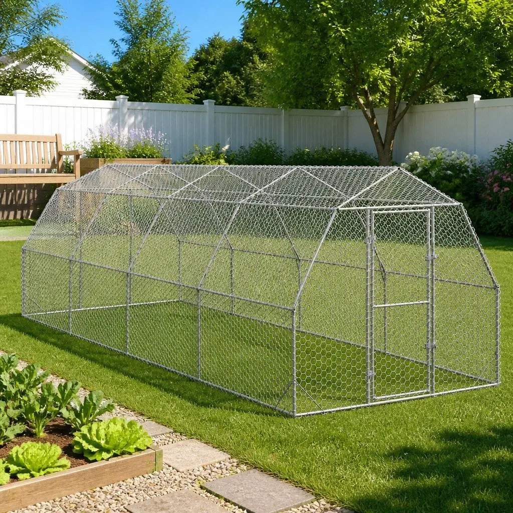 Walk-In Chicken Run Outdoor Use 2.5x8x2.25m Galvanised Steel Mesh Enclosure Silver