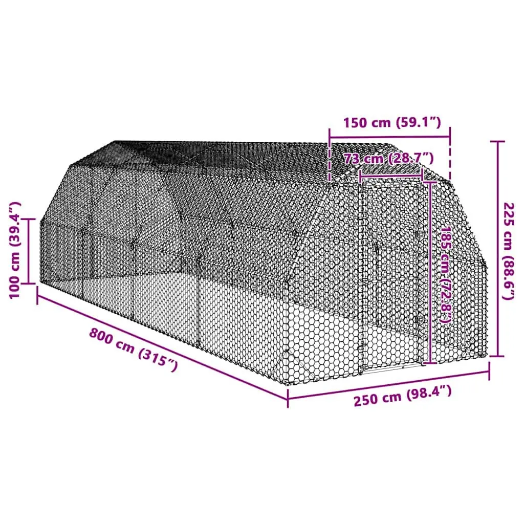 Walk-In Chicken Run Outdoor Use 2.5x8x2.25m Galvanised Steel Mesh Enclosure Silver