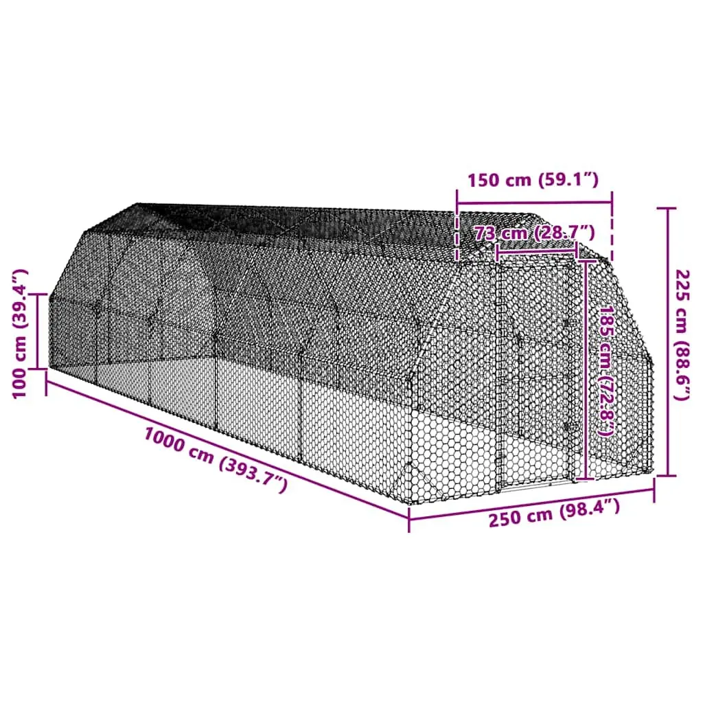 Chicken Run Galvanised Steel Mesh Poultry Enclosure 2.5m x 10m x 2.25m Silver