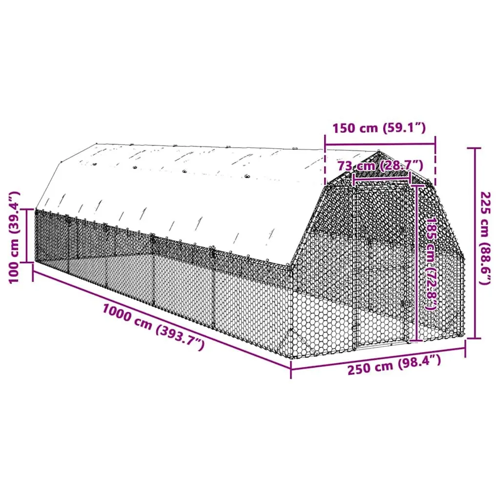 Chicken Run Walk-In Coop 2.5x10x2.25 m Galvanised Steel Frame Silver