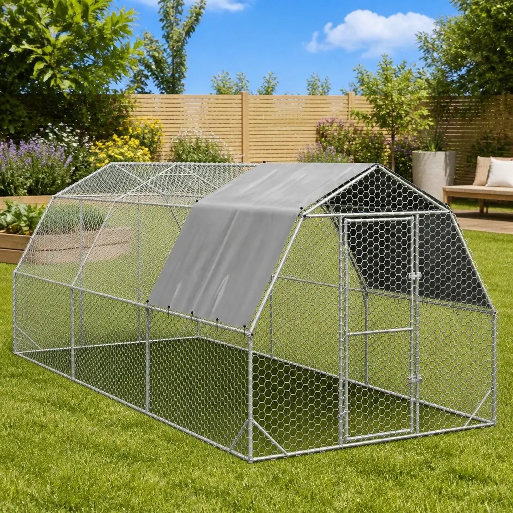 Chicken Run Walk-In Coop Galvanised Steel Frame Hexagonal Mesh 2.5 x 6 x 2.25 m Silver