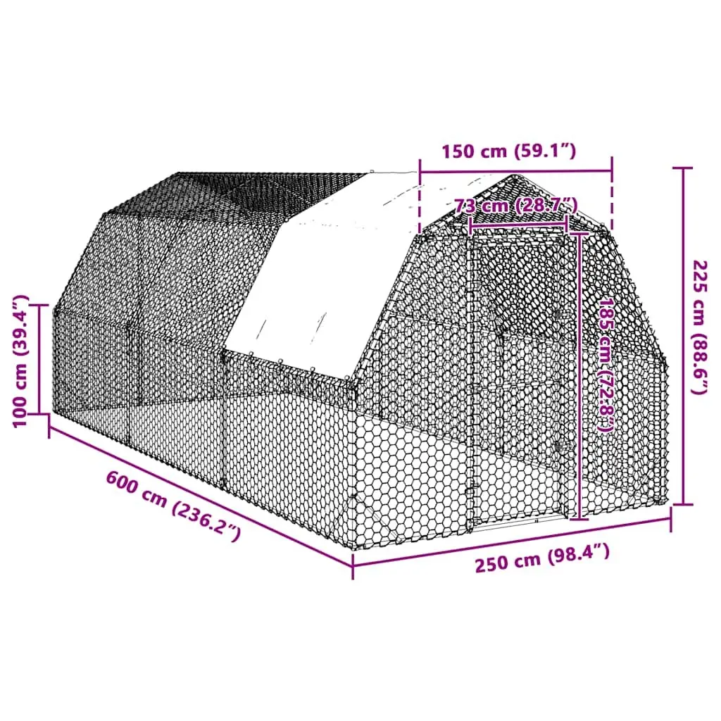 Chicken Run Walk-In Coop Galvanised Steel Frame Hexagonal Mesh 2.5 x 6 x 2.25 m Silver