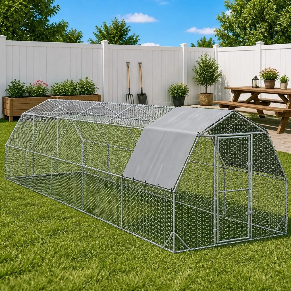 Walk-In Chicken Coop with Roof 2.5x10x2.25m Silver Galvanised Steel Mesh Enclosure