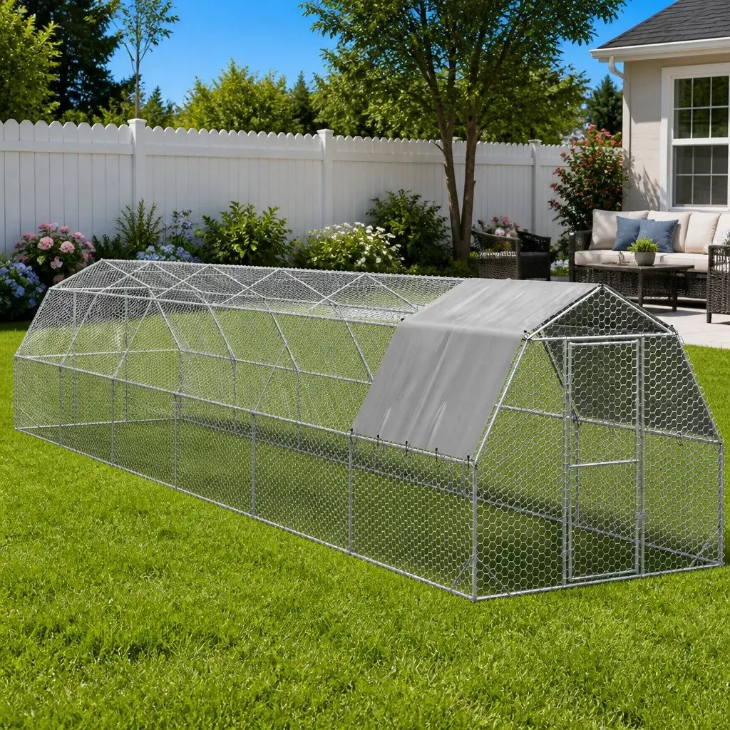 Chicken Run Large Enclosure Walk-in Coop 2.5 x 12 x 2.25 m Silver Galvanised Steel Frame