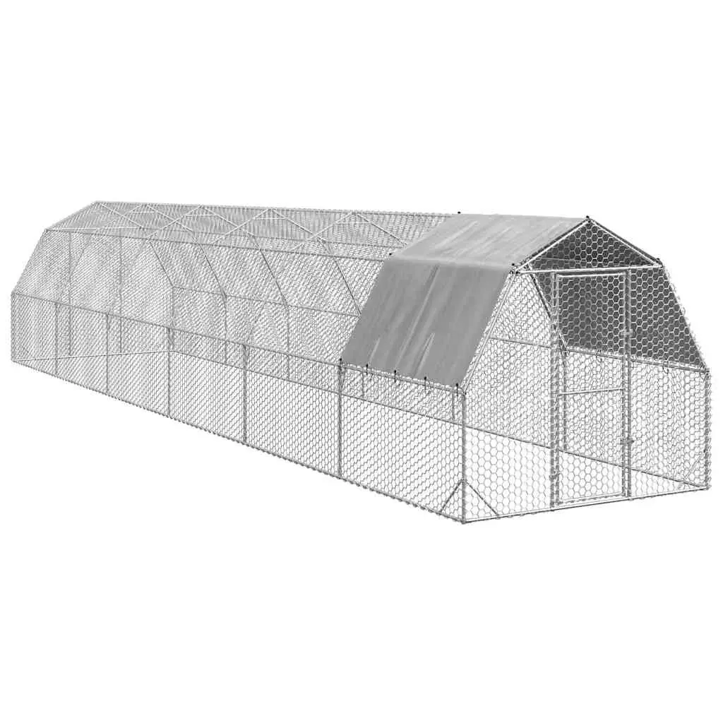 Chicken Run Large Enclosure Walk-in Coop 2.5 x 12 x 2.25 m Silver Galvanised Steel Frame