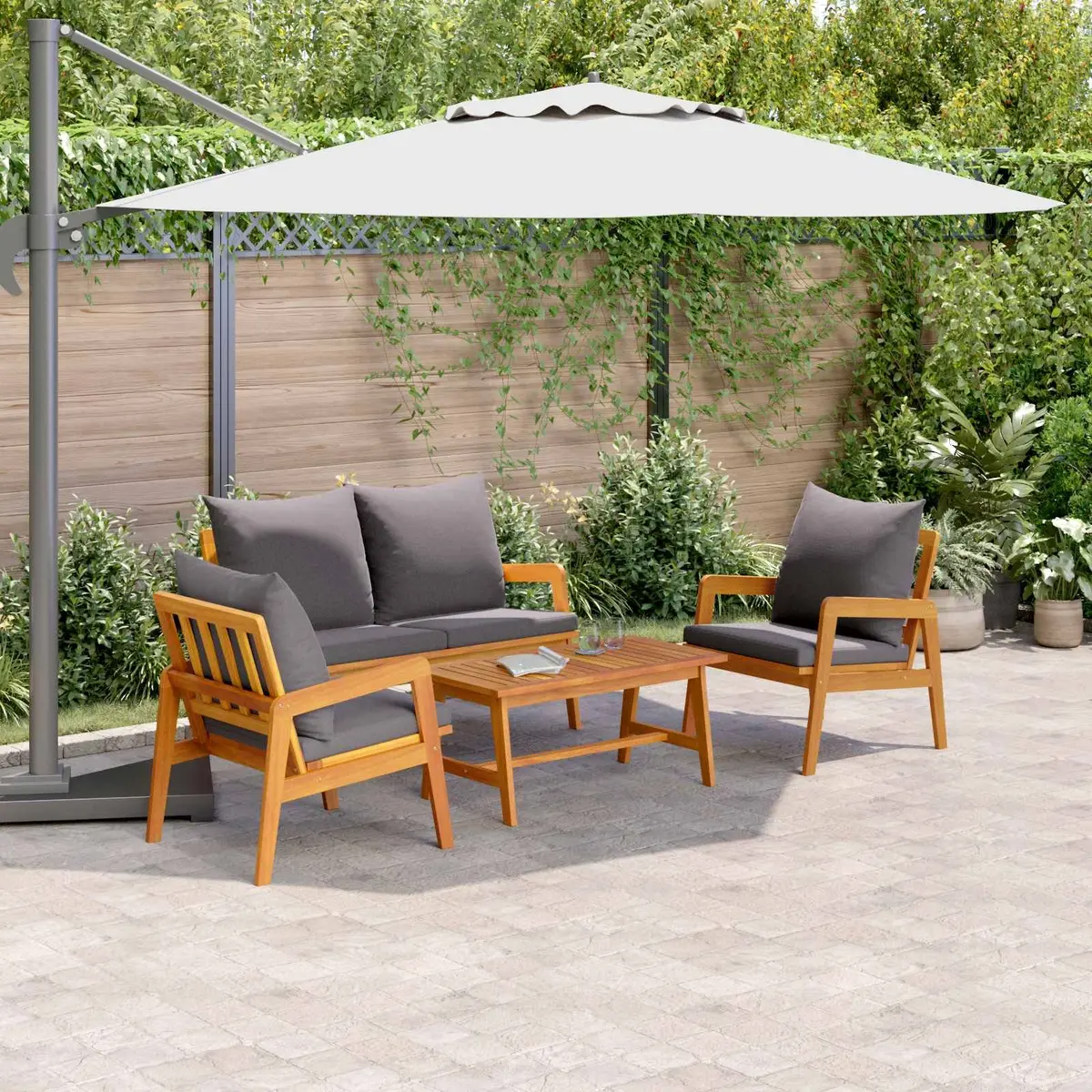 Outdoor Bistro Set 4 Piece Brown Acacia Wood Garden Furniture with Cushions