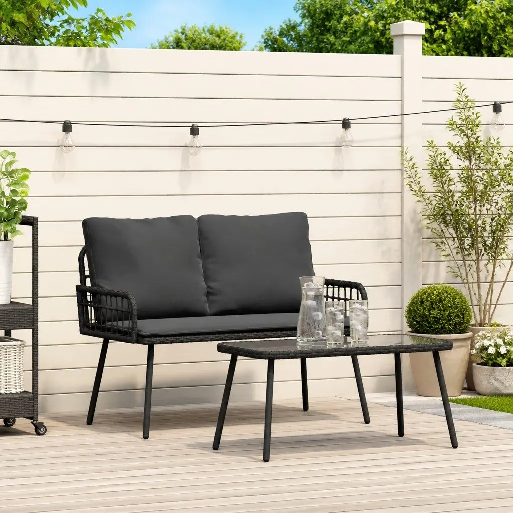 Garden Dining Set Outdoor Furniture Black Poly Rattan Table and Bench with Cushions