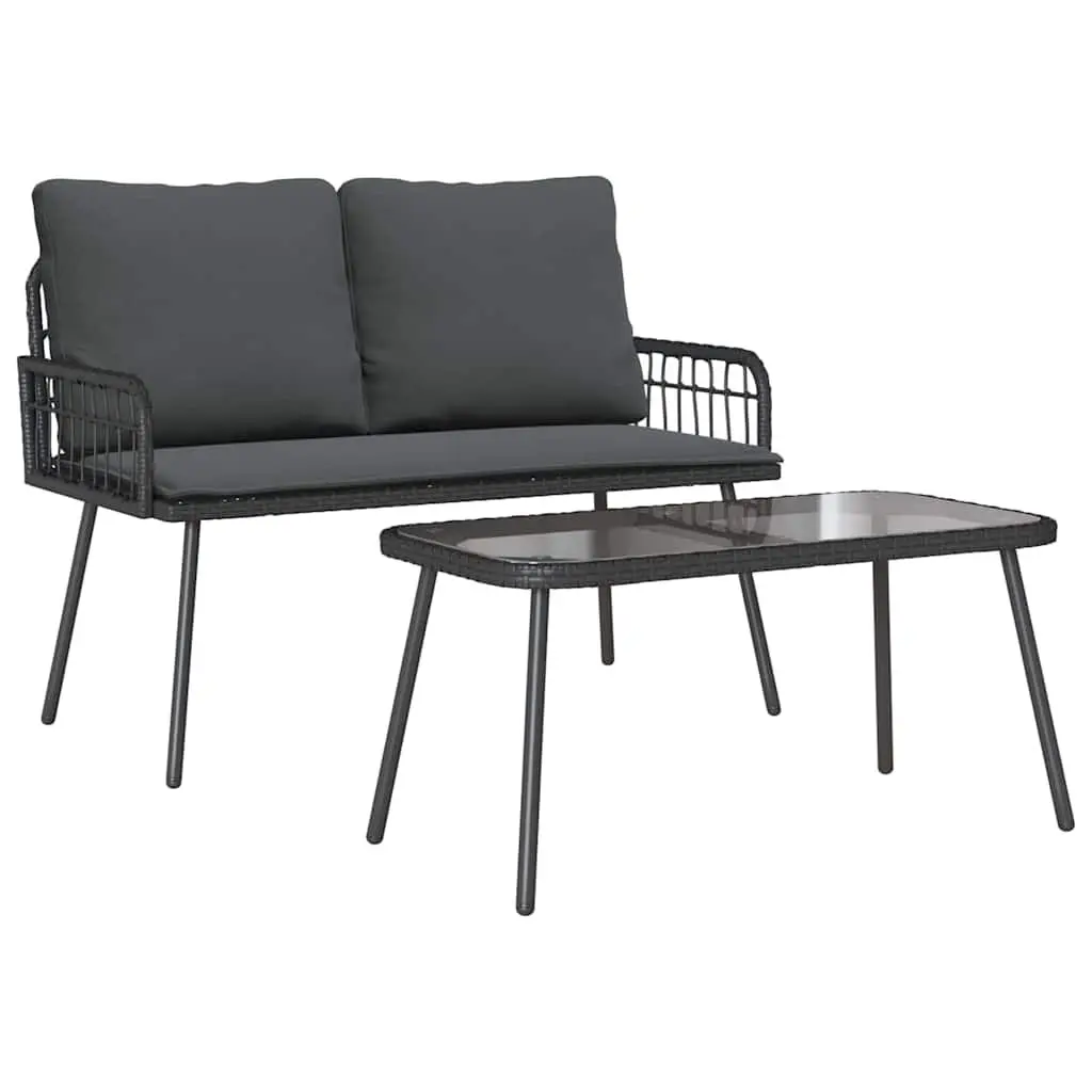 Garden Dining Set Outdoor Furniture Black Poly Rattan Table and Bench with Cushions