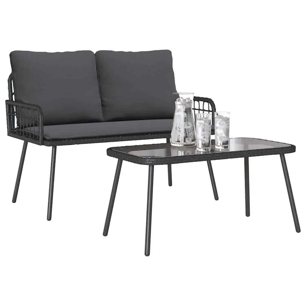 Garden Dining Set Outdoor Furniture Black Poly Rattan Table and Bench with Cushions