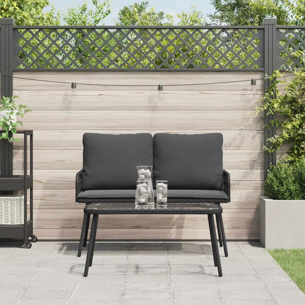 Garden Dining Set Outdoor Furniture Black Poly Rattan Table and Bench with Cushions
