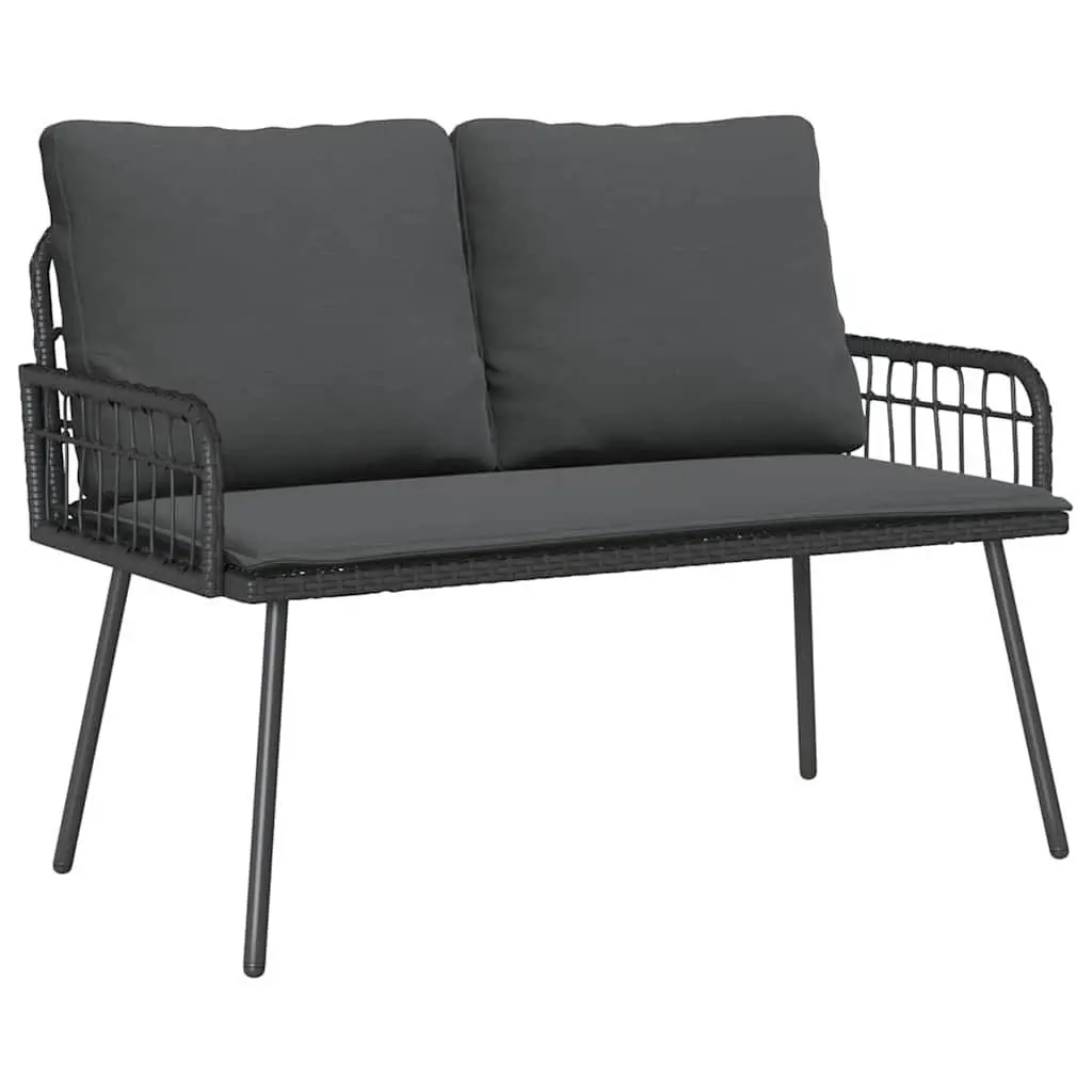 Garden Dining Set Outdoor Furniture Black Poly Rattan Table and Bench with Cushions
