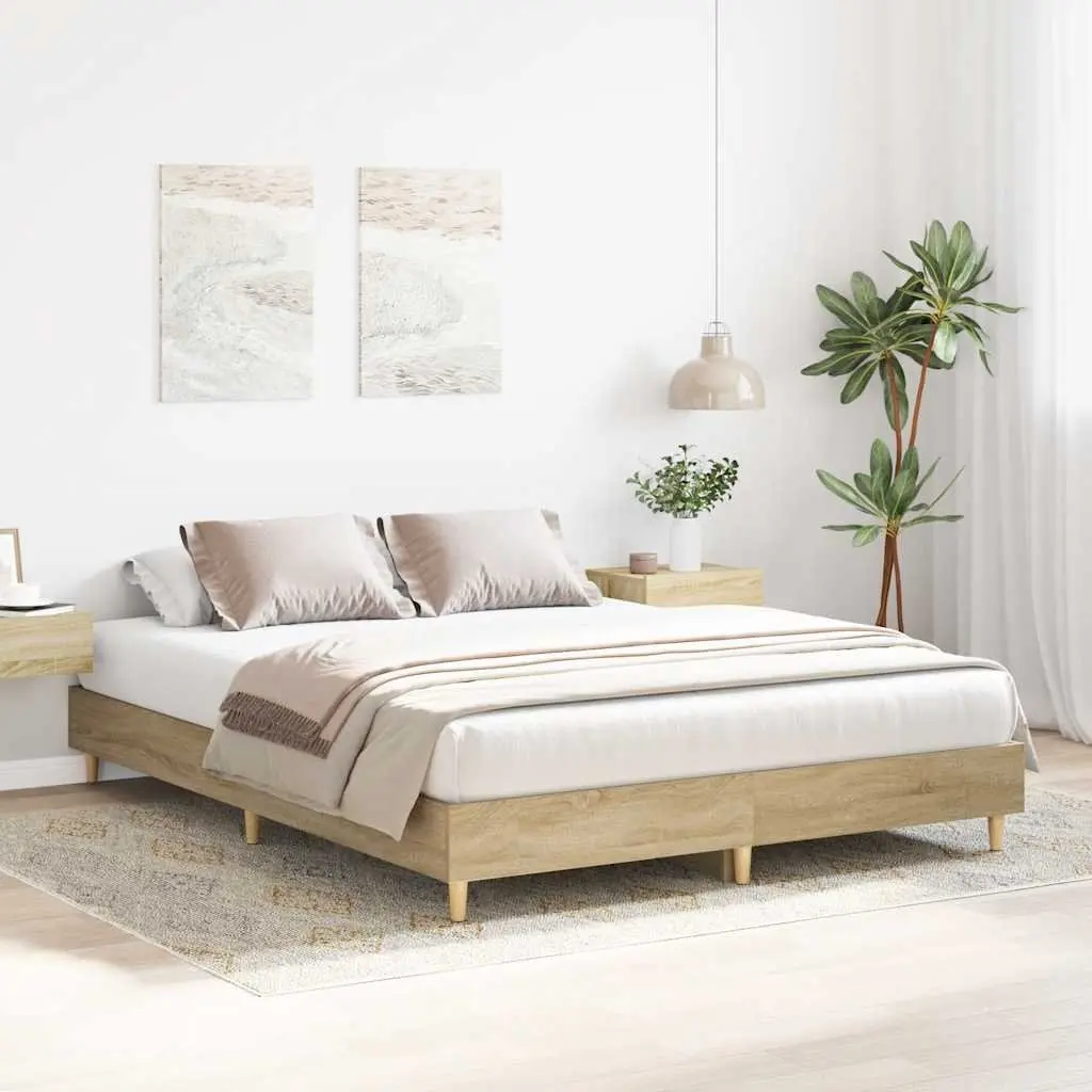 Bed Frame 150x200 cm Slatted Base Sonoma Oak Engineered Wood Bedroom