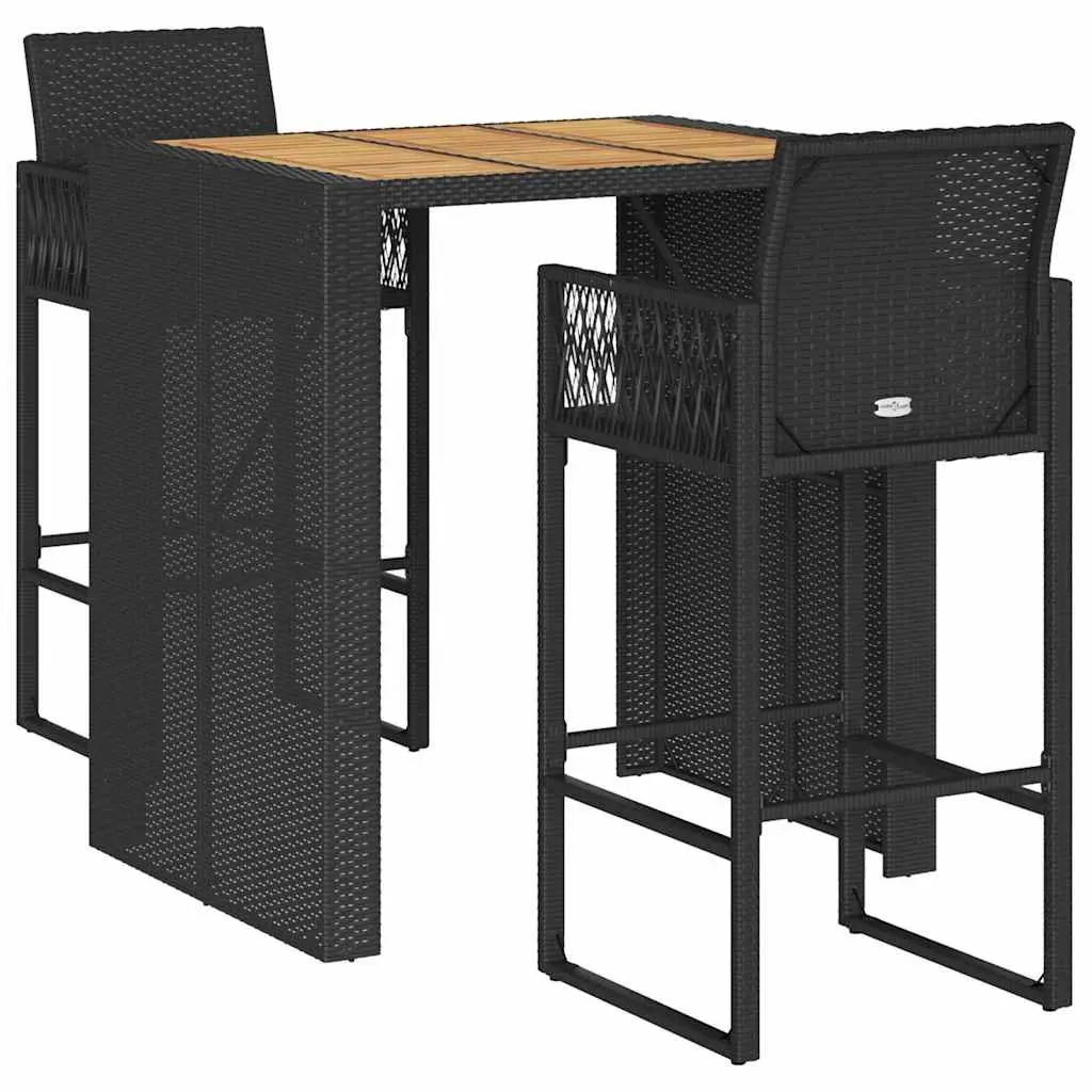 3 Piece Garden Bar Set Outdoor Poly Rattan Bar Stool Table Black Patio Furniture