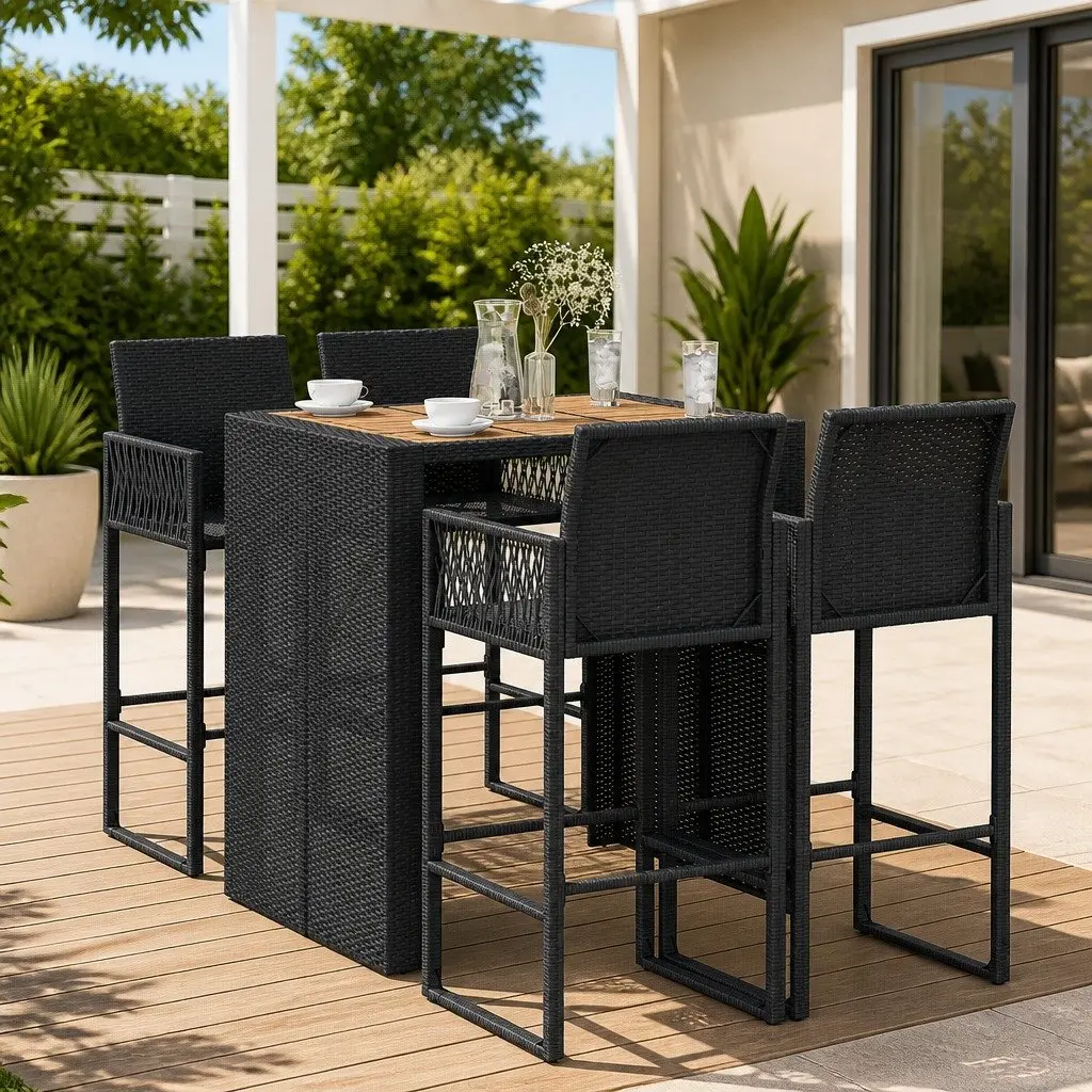 5 Piece Outdoor Garden Bar Set Black Poly Rattan Bar Table Stools