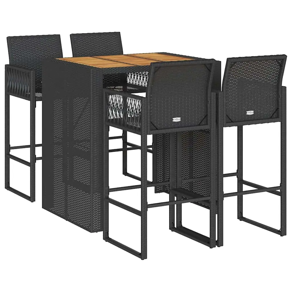 5 Piece Outdoor Garden Bar Set Black Poly Rattan Bar Table Stools